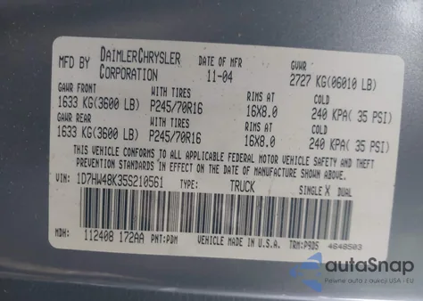 2005 Dodge Dakota Slt z USA, uszkodzony, nr VIN 1D7HW48K35S210561